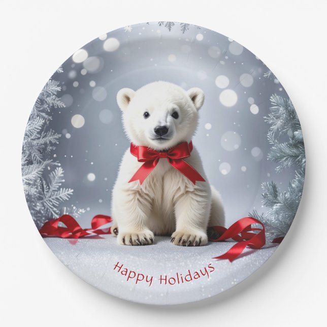 Polar Bear Christmas Holiday Paper Plate (Front)