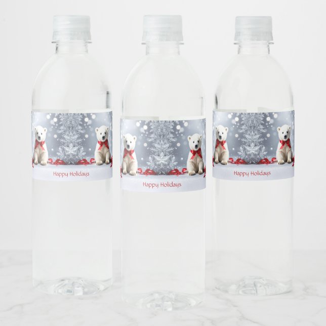 Polar Bear Christmas Holiday Water Bottle Label (Bottles)