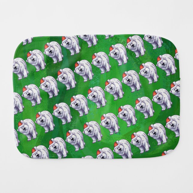 Polar Bear Christmas On Green Baby Burp Cloth (Front Horizontal)