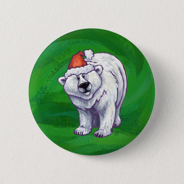 Polar Bear Christmas On Green Button (Front)