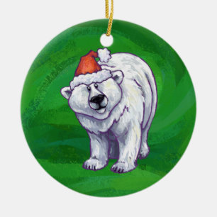 Polar Bear Christmas On Green Ceramic Ornament
