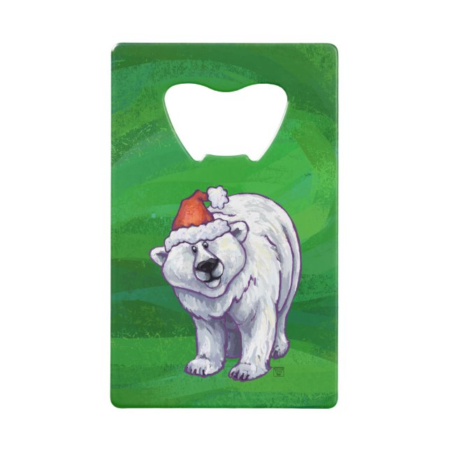 Polar Bear Christmas On Green Credit Card Bottle Opener (Front)