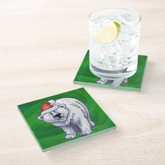 Polar Bear Christmas On Green Glass Coaster (Angled)