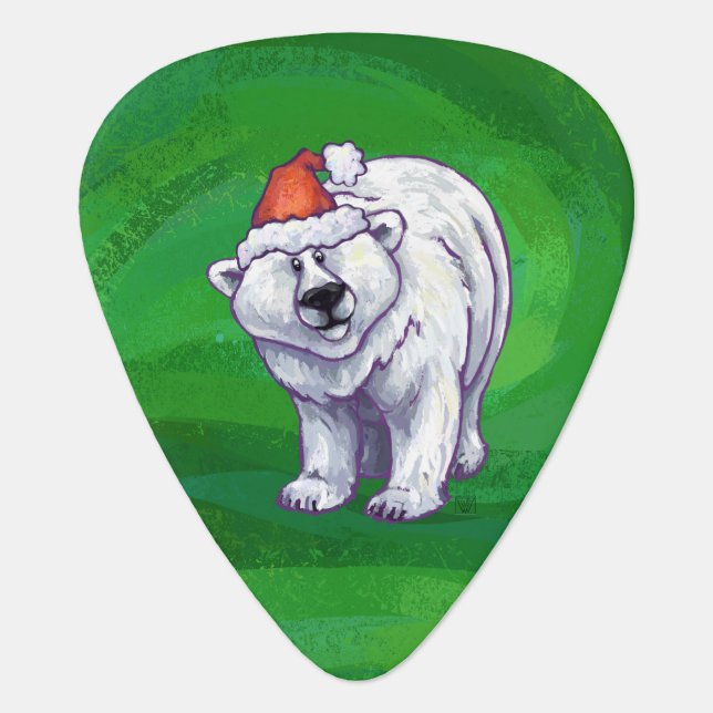 Polar Bear Christmas On Green Guitar Pick (Front)