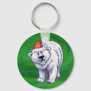 Polar Bear Christmas On Green Keychain
