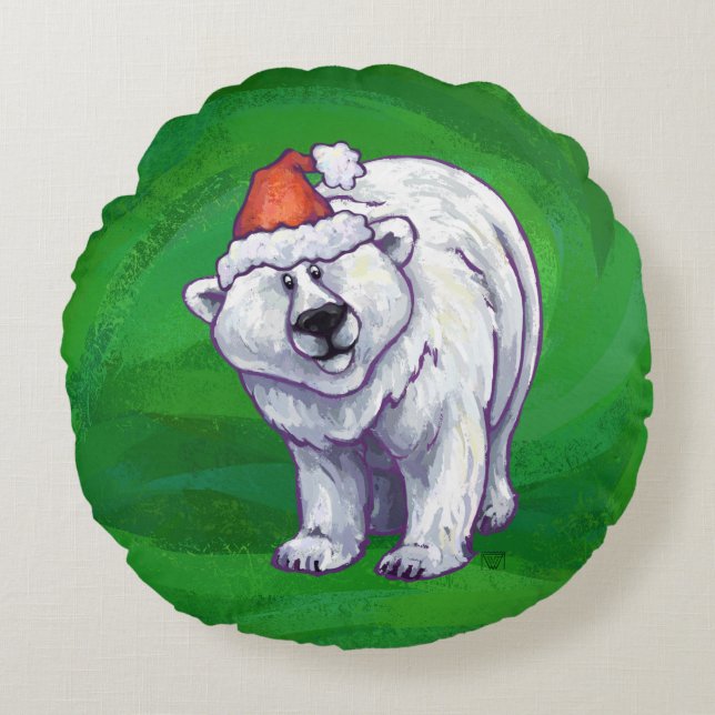 Polar Bear Christmas On Green Round Pillow (Front)