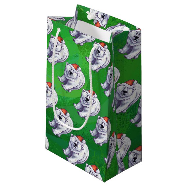 Polar Bear Christmas On Green Small Gift Bag (Front Angled)