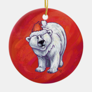 Polar Bear Christmas On Red Ceramic Ornament