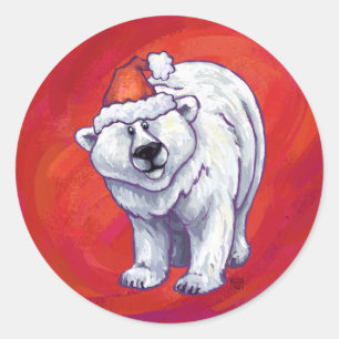 Polar Bear Christmas On Red Classic Round Sticker