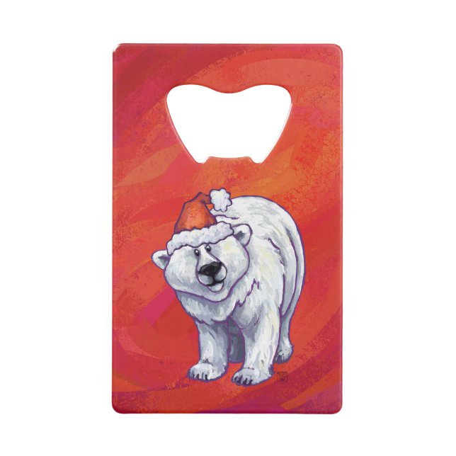 Polar Bear Christmas On Red Credit Card Bottle Opener (Front)