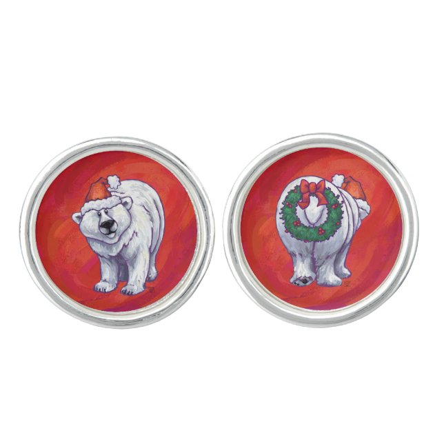 Polar Bear Christmas On Red Cufflinks (Front)