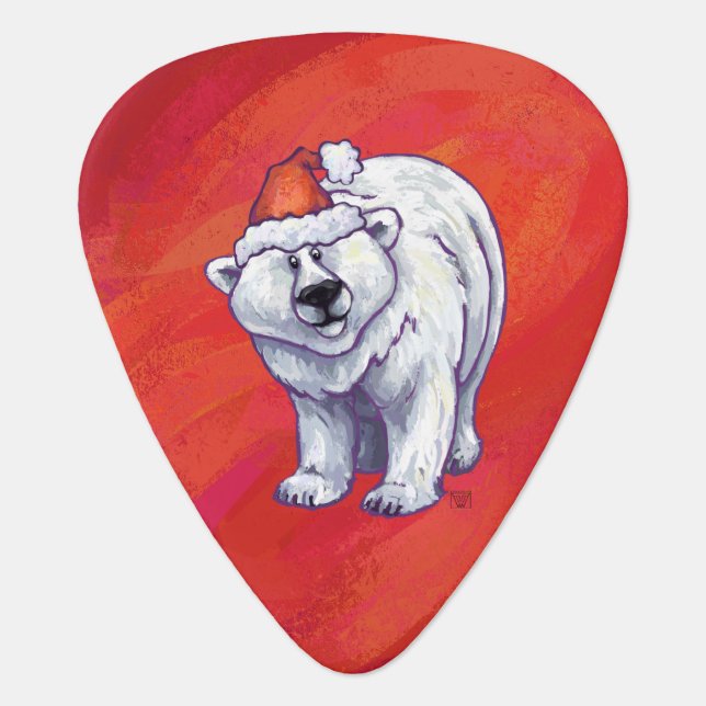 Polar Bear Christmas On Red Guitar Pick (Front)