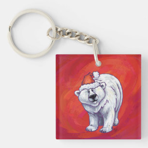 Polar Bear Christmas On Red Keychain