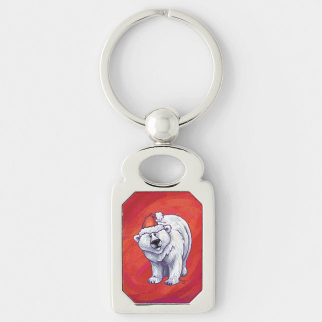 Polar Bear Christmas On Red Keychain (Front)