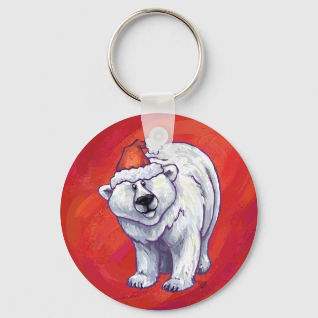 Polar Bear Christmas On Red Keychain (Front)