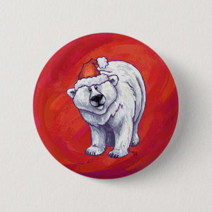 Polar Bear Christmas On Red Pinback Button