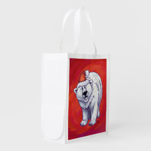 Polar Bear Christmas On Red Reusable Grocery Bag