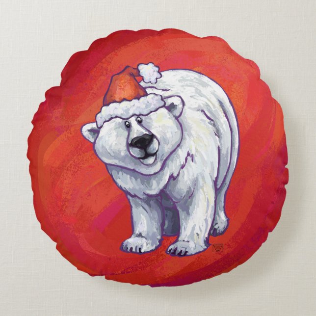 Polar Bear Christmas On Red Round Pillow (Front)