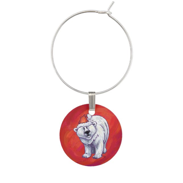 Polar Bear Christmas On Red Wine Glass Charm (Front)