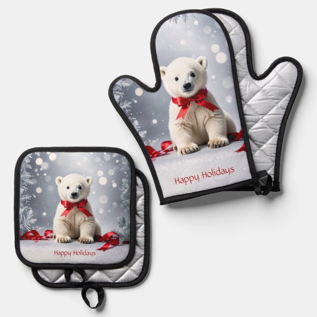 Polar Bear Christmas Oven Mitt & Pot Holder Set (Front/Back)