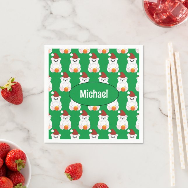 Polar bear Christmas Santa cute green Your name Napkins (Insitu)