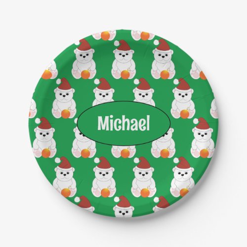 Polar bear Christmas Santa cute green Your name Paper Plates