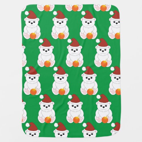 Polar bear Christmas Santa hat cute pattern green Baby Blanket