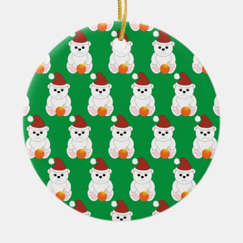 Polar bear Christmas Santa hat cute pattern green Ceramic Ornament