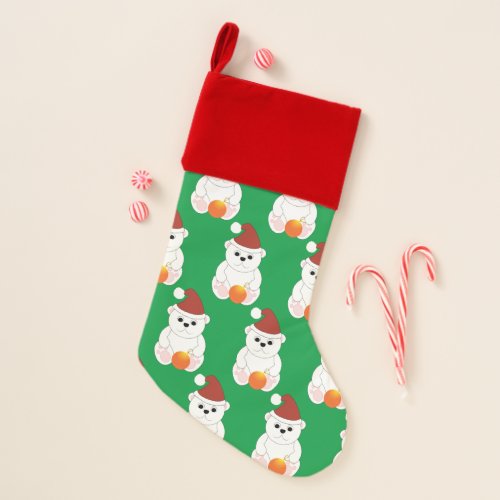 Polar bear Christmas Santa hat cute pattern green Christmas Stocking