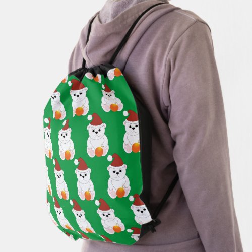 Polar bear Christmas Santa hat cute pattern green Drawstring Bag