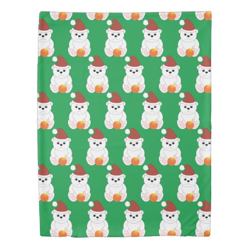 Polar bear Christmas Santa hat cute pattern green Duvet Cover