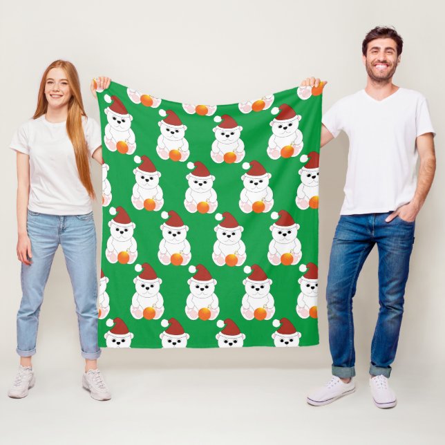 Polar bear Christmas Santa hat cute pattern green Fleece Blanket (In Situ)