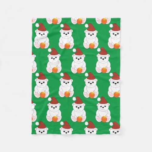 Polar bear Christmas Santa hat cute pattern green Fleece Blanket