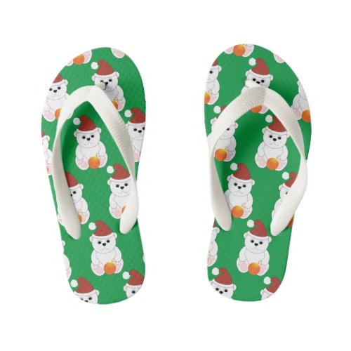 Polar bear Christmas Santa hat cute pattern green Kids Flip Flops