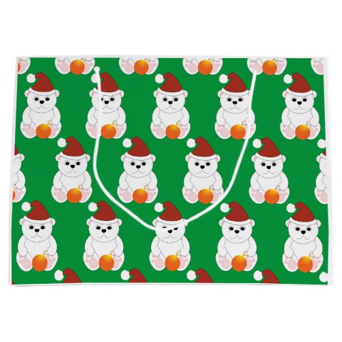Polar bear Christmas Santa hat cute pattern green Large Gift Bag