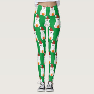 Polar bear Christmas Santa hat cute pattern green Leggings