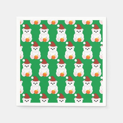 Polar bear Christmas Santa hat cute pattern green Napkins