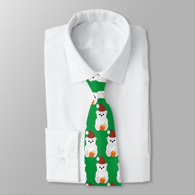 Polar bear Christmas Santa hat cute pattern green Neck Tie (Tied)
