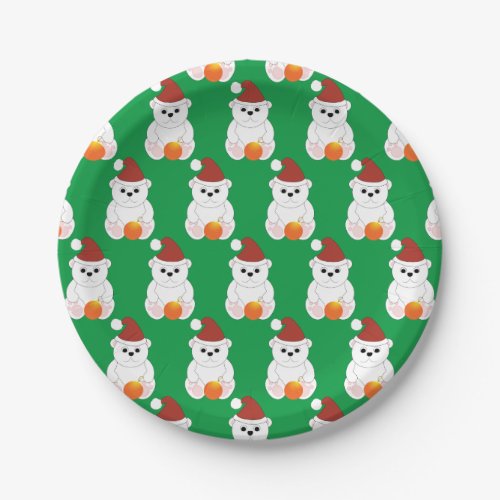 Polar bear Christmas Santa hat cute pattern green Paper Plates