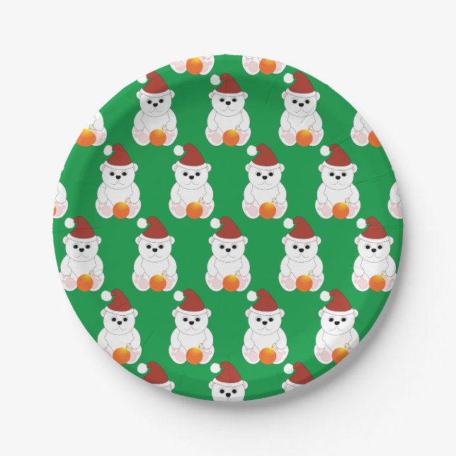 Polar bear Christmas Santa hat cute pattern green Paper Plates (Front)
