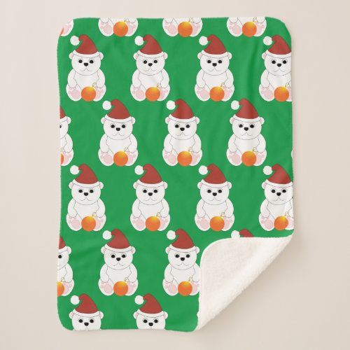 Polar bear Christmas Santa hat cute pattern green Sherpa Blanket