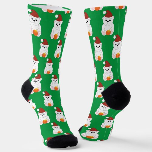 Polar bear Christmas Santa hat cute pattern green Socks