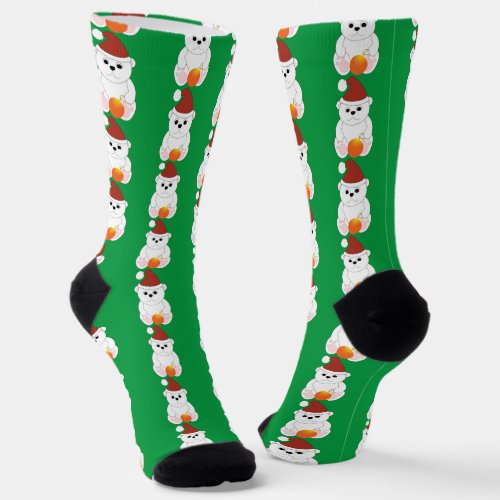 Polar bear Christmas Santa hat cute pattern green Socks