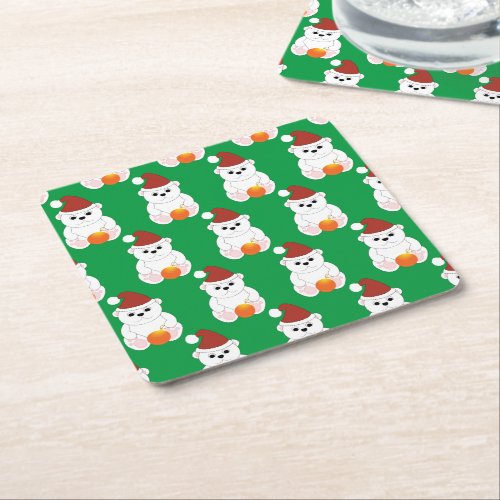 Polar bear Christmas Santa hat cute pattern green Square Paper Coaster