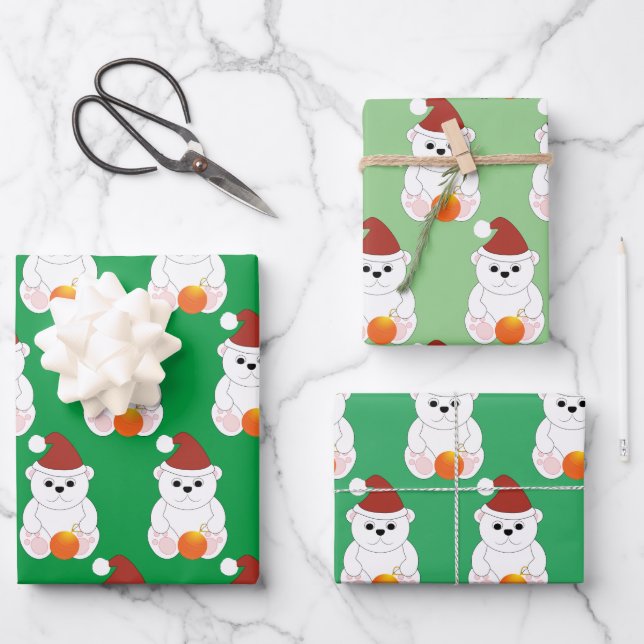 Polar bear Christmas Santa hat cute pattern green Wrapping Paper Sheets (Front)