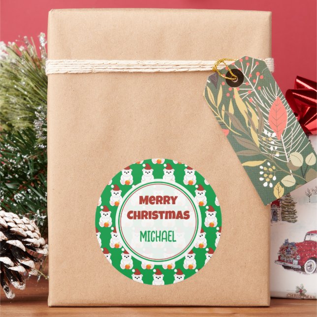 Polar bear Christmas Santa hat Personalize  Classic Round Sticker (Holiday)