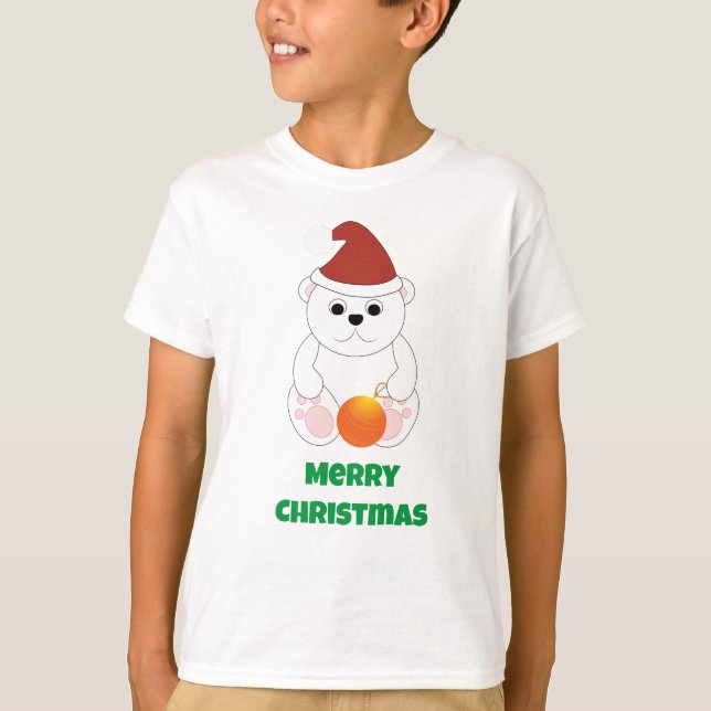 Polar bear Christmas Santa hat Personalize text T-Shirt (Front)