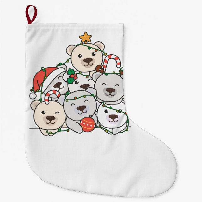 Polar Bear Christmas Tree Funny Animal Xmas Large Christmas Stocking (Front)