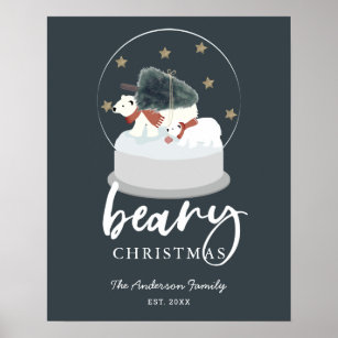 Polar Bear Christmas Tree Snow Globe Navy Blue Poster