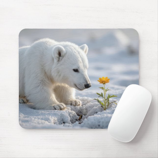 Polar Bear Cub Admiring a Daisy Mouse Pad (With Mouse)